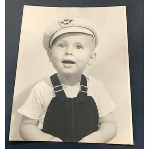 Vintage Photo Baby Boy In Sailor Hat and Overalls Black & White 8 x 10 Inch
